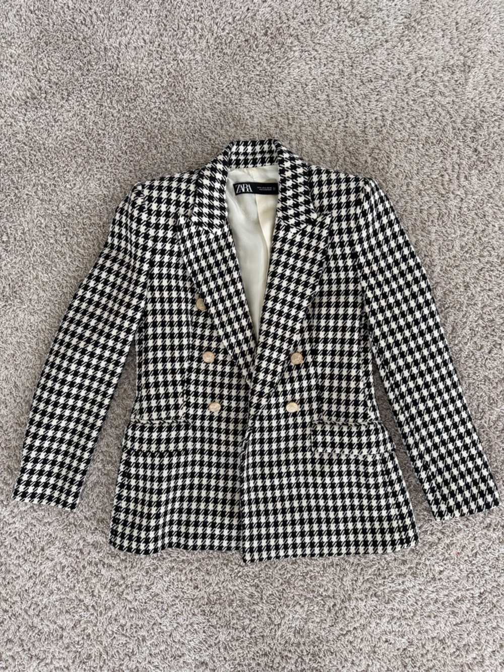 Zara Black & White Houndstooth Double-Breasted Blazer with Gold Buttons